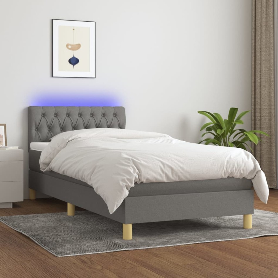 Cama box spring con colchón y LED tela gris oscuro 90x200