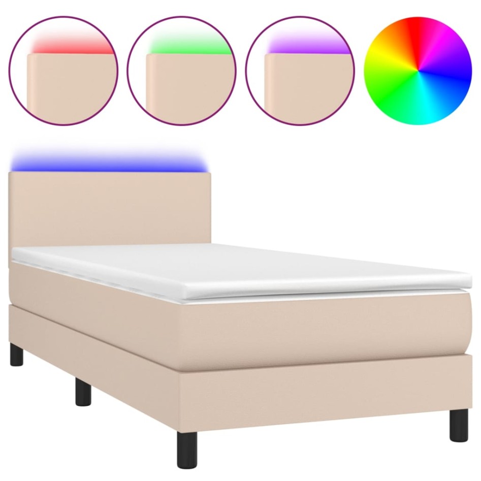 Cama box spring colchón LED cuero sintético capuchino 90x200