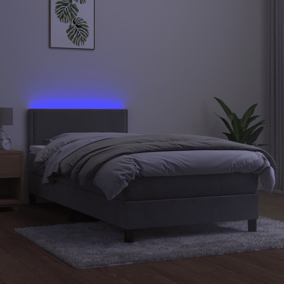 Cama box spring colchón y LED terciopelo gris claro 90x200