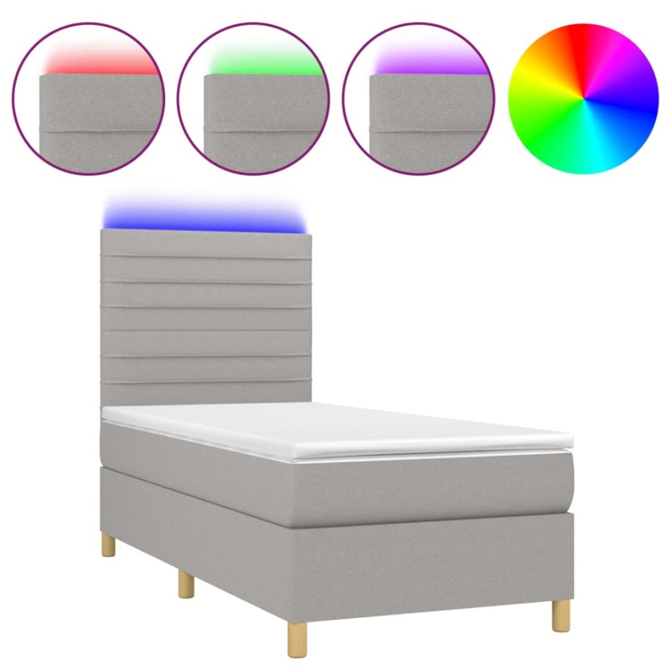 Cama box spring colchón y luces LED tela gris claro 90x190