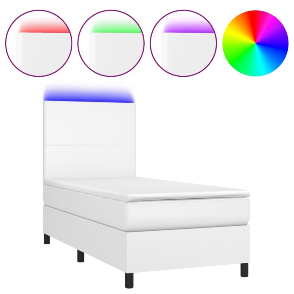 Cama box spring y colchón LED cuero sintético blanco 90x200