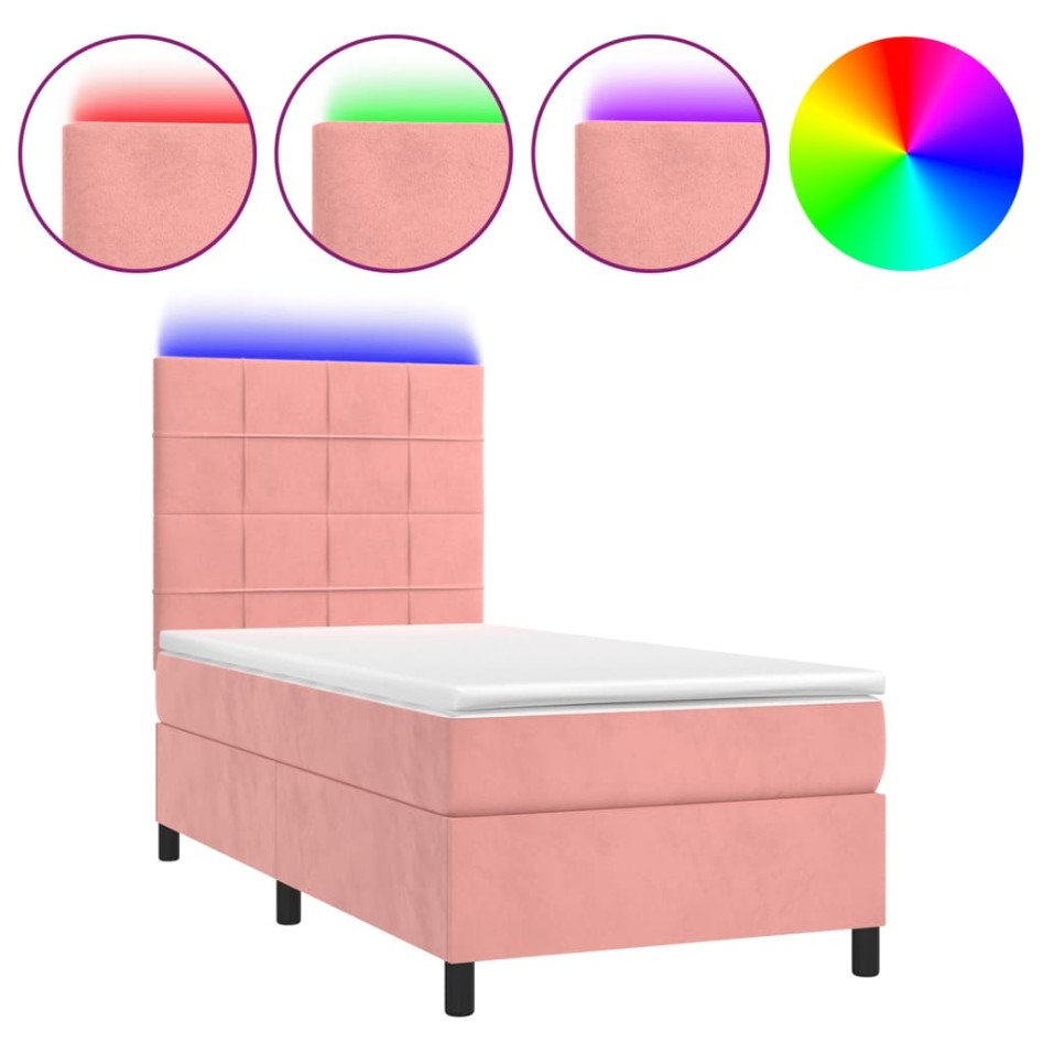 Cama box spring colchón y LED terciopelo rosa 90x200