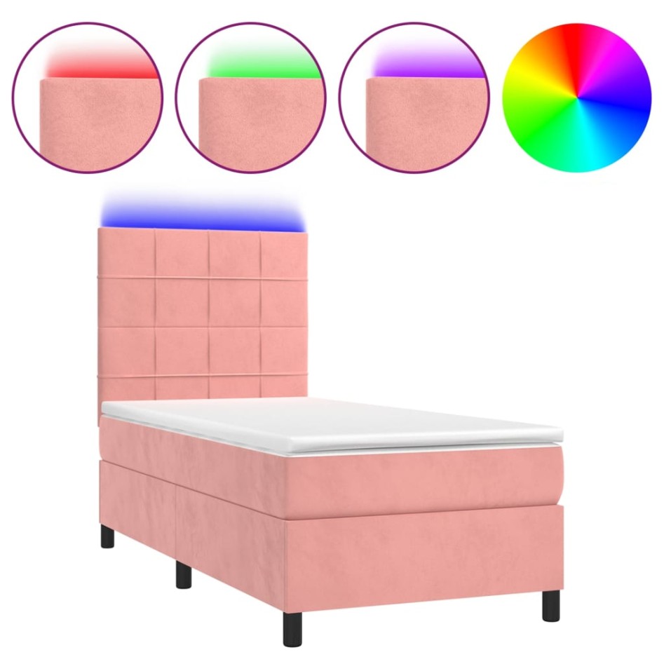 Cama box spring colchón y LED terciopelo rosa 100x200