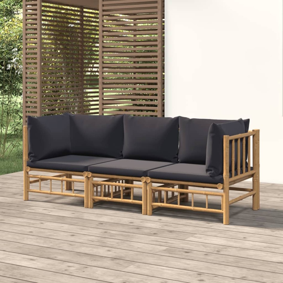 Set de muebles de jardín 3 piezas bambú con cojines gris
