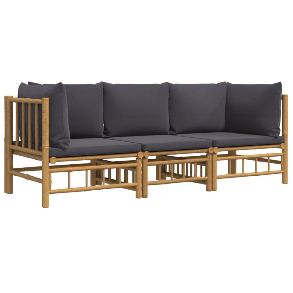 Set de muebles de jardín 3 piezas bambú con cojines gris
