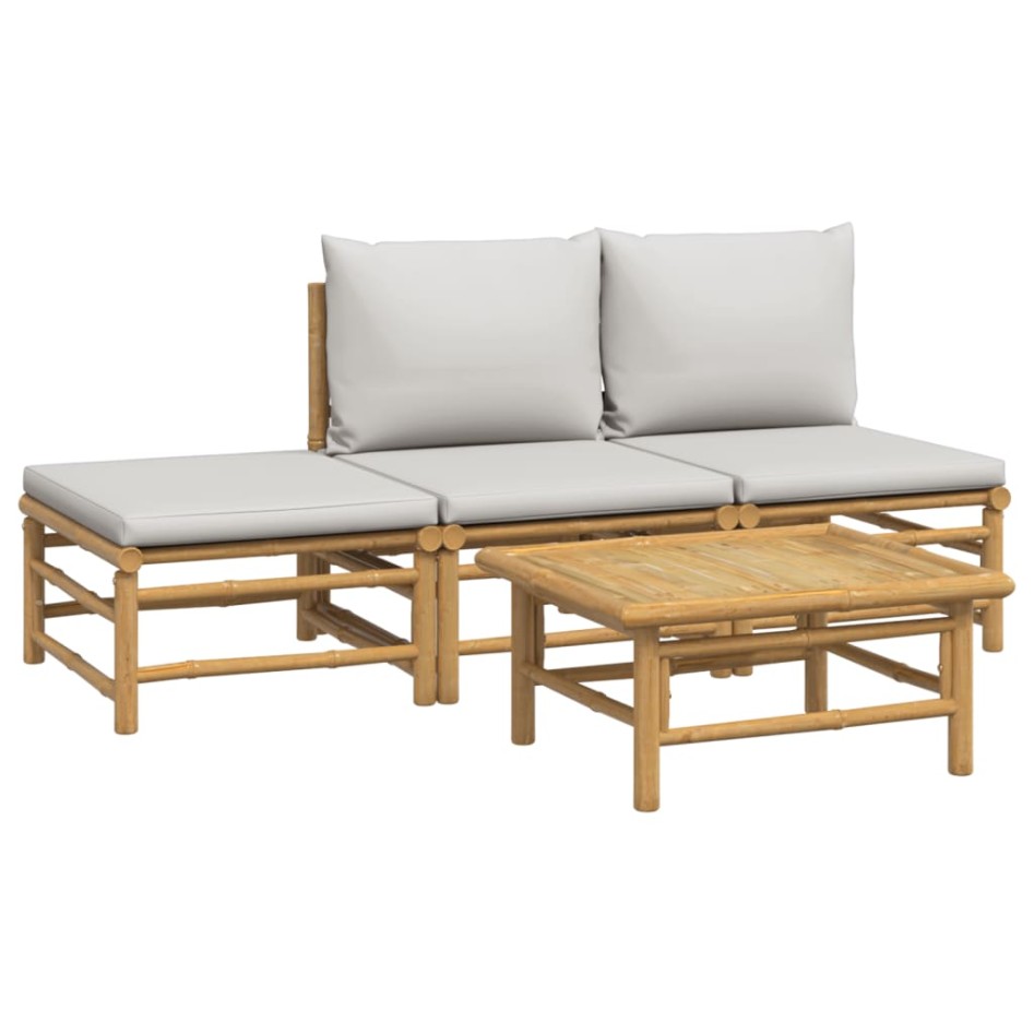 Set de muebles de jardín 4 piezas bambú y cojines gris