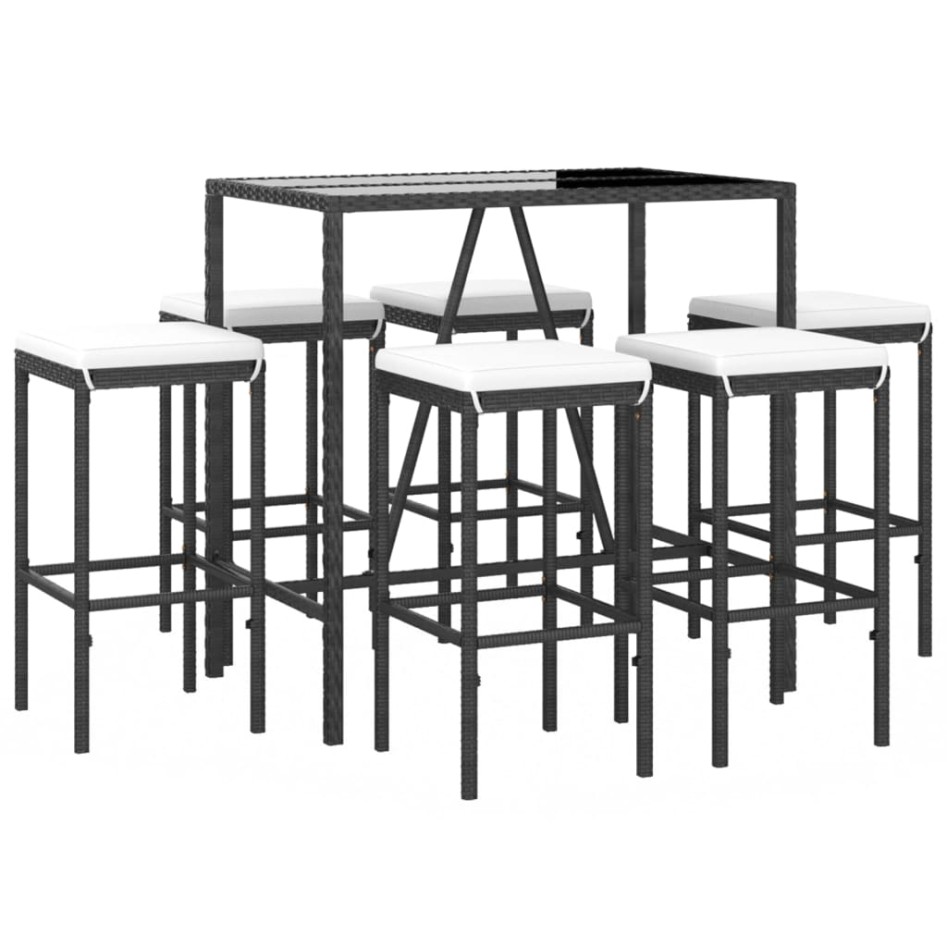 Mesa y taburetes altos jardín y cojines 7 pzas ratán PE