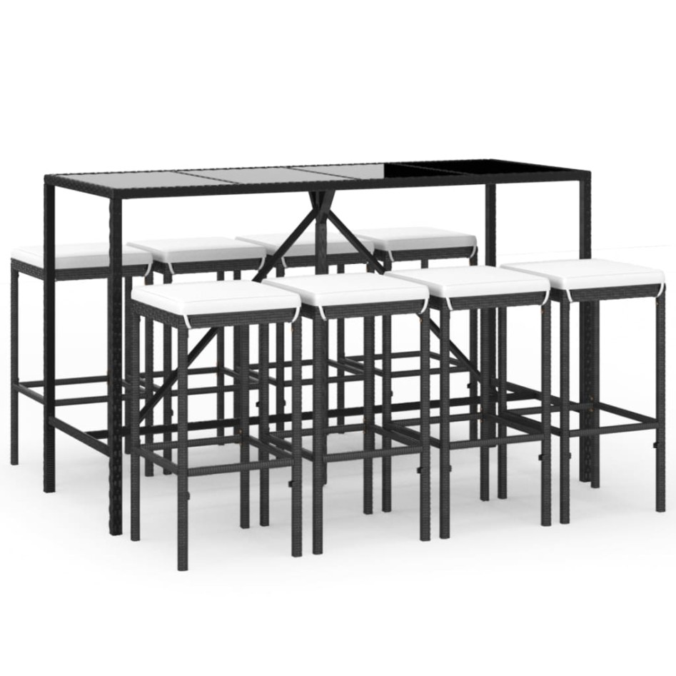 Mesa y taburetes altos jardín 9 piezas y cojines ratán PE