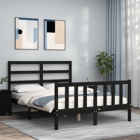 Estructura de cama con cabecero madera maciza negro 140x200