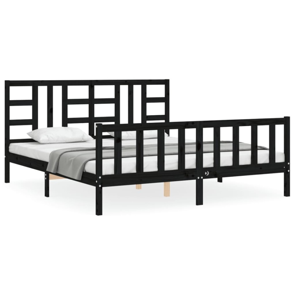 Estructura de cama con cabecero madera maciza negro 180x200