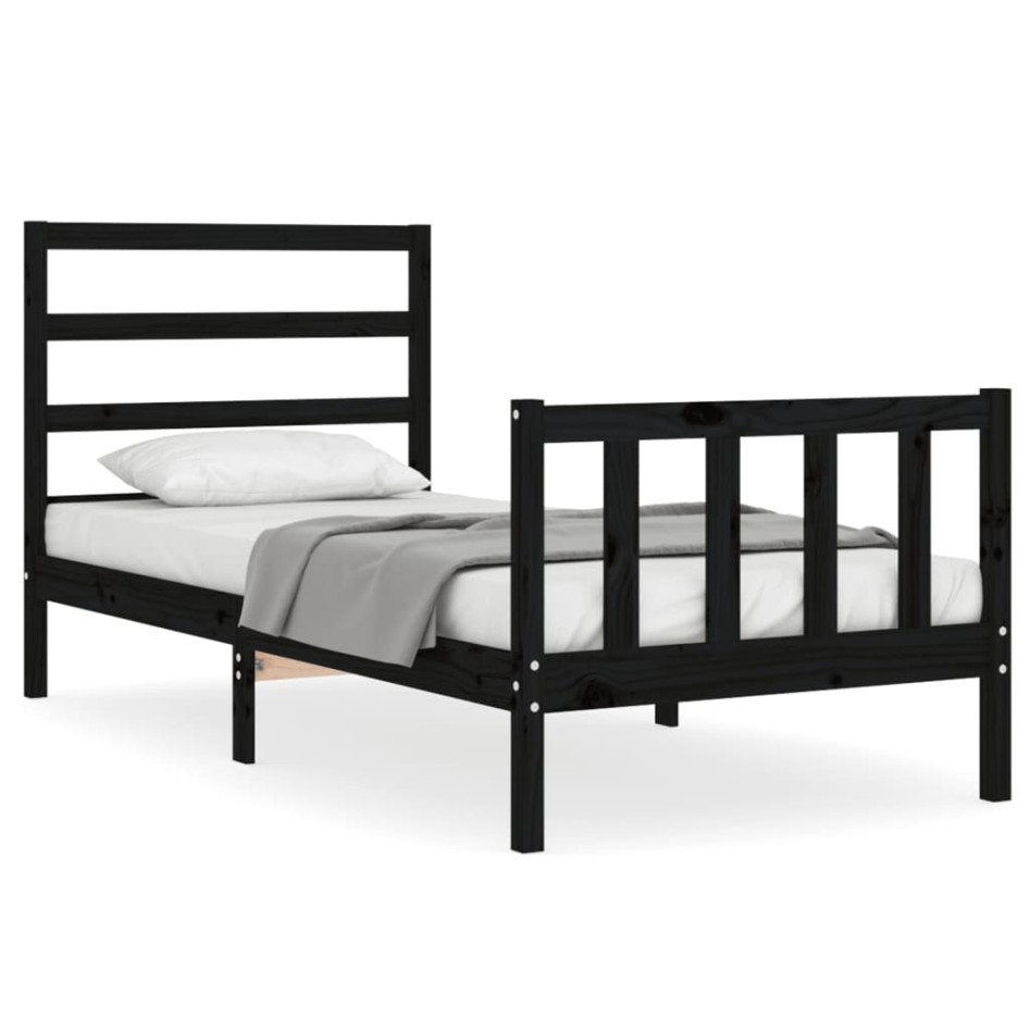 Estructura de cama con cabecero madera maciza negro 90x200