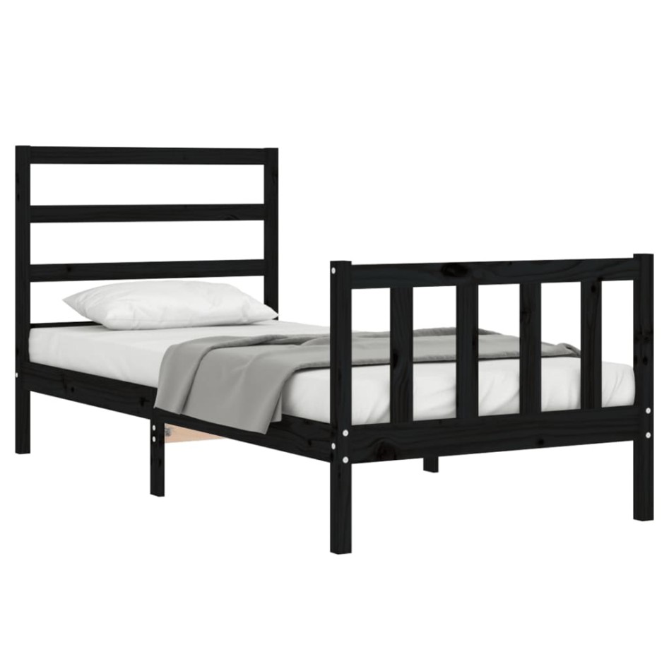 Estructura de cama con cabecero madera maciza negro 90x200