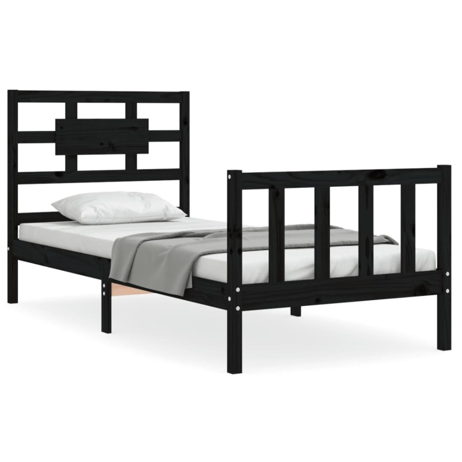 Estructura de cama con cabecero madera maciza negro 90x200