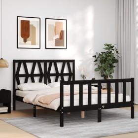 Estructura de cama con cabecero madera maciza negro 140x190