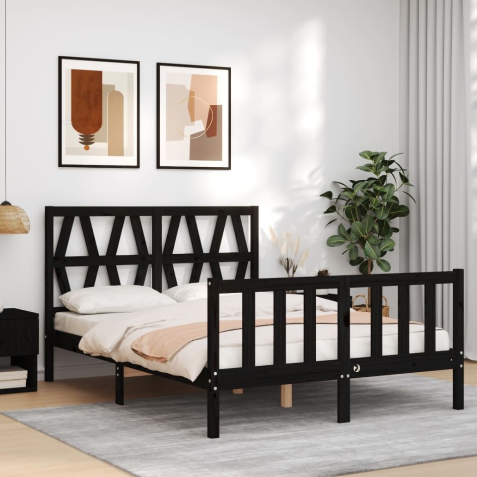 Estructura de cama con cabecero madera maciza negro 140x190