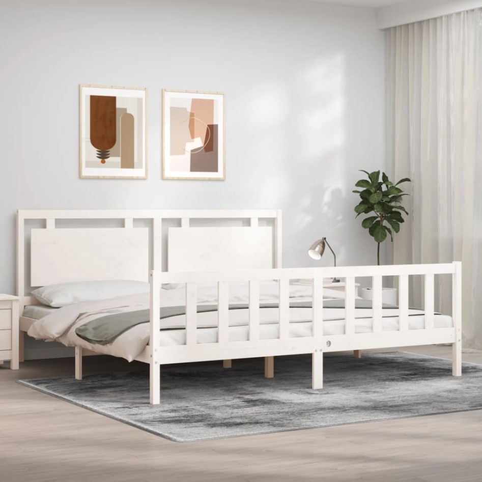 Estructura de cama con cabecero madera maciza blanco 200x200
