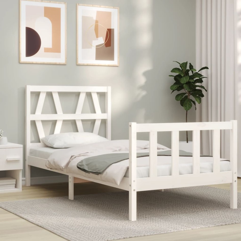 Estructura de cama con cabecero madera maciza blanco 90x200