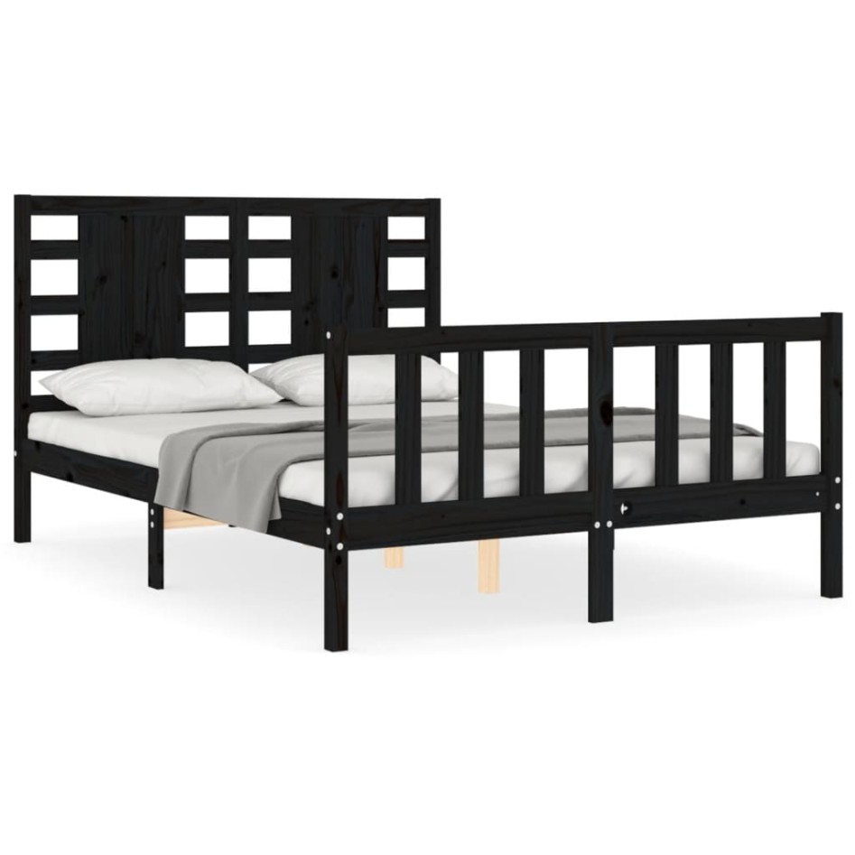 Estructura de cama con cabecero madera maciza negro 140x190