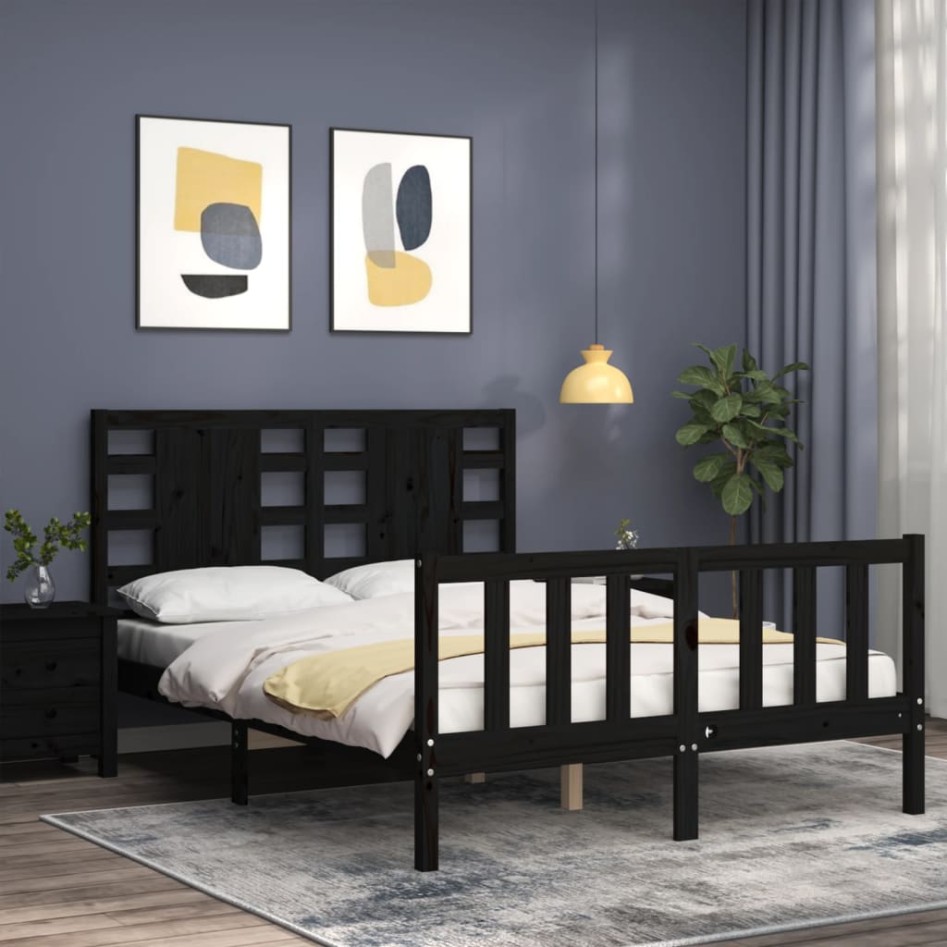 Estructura de cama con cabecero madera maciza negro 140x190