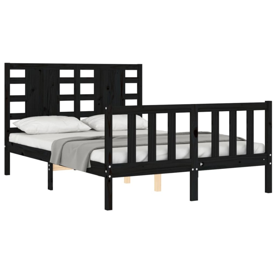 Estructura de cama con cabecero madera maciza negro 140x190