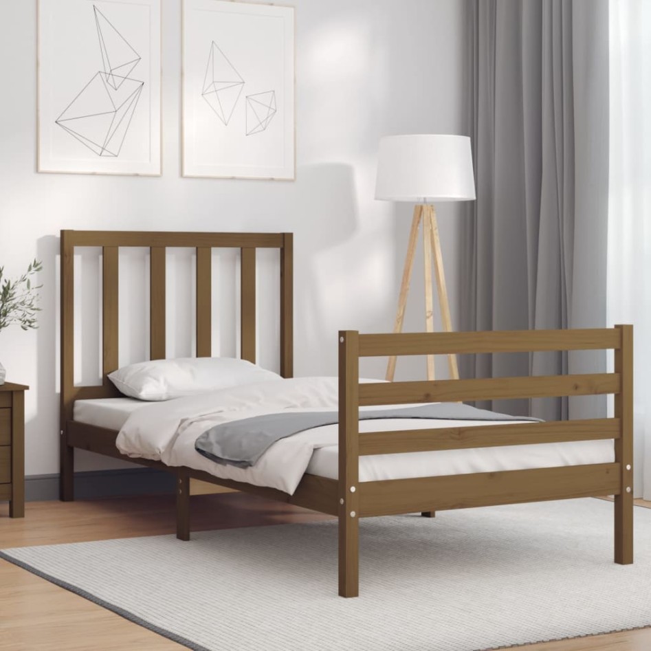 Estructura cama con cabecero madera maciza marrón miel