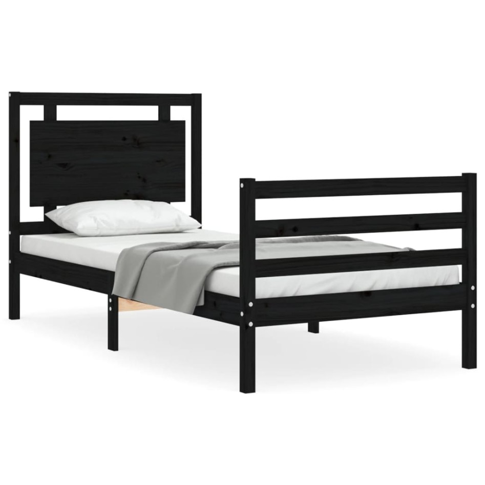 Estructura de cama con cabecero madera maciza negro 90x200