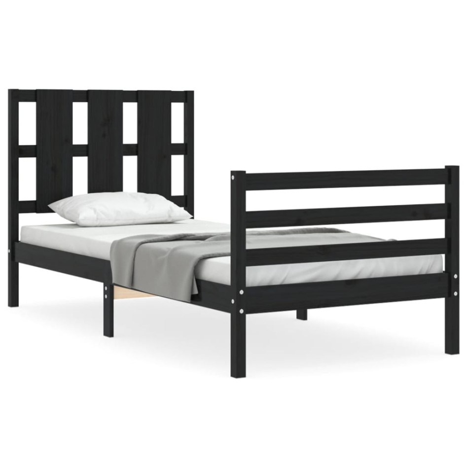 Estructura de cama con cabecero madera maciza negro 90x200