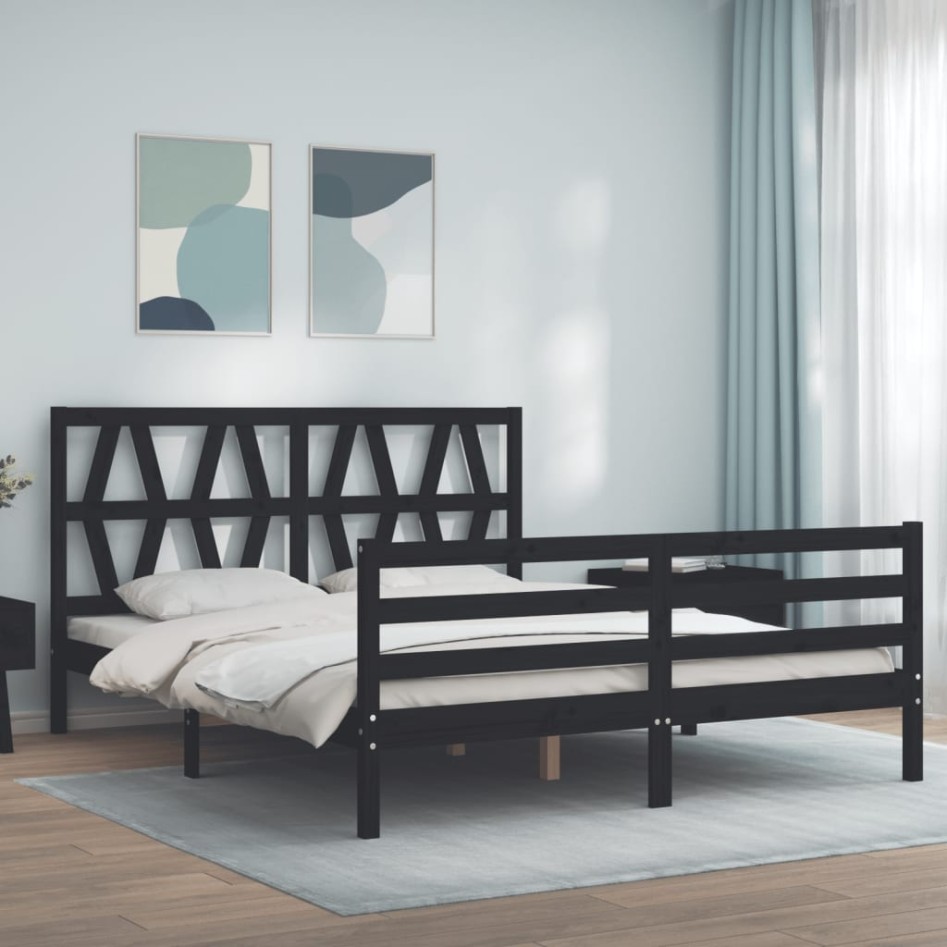 Estructura de cama con cabecero madera maciza negro 160x200