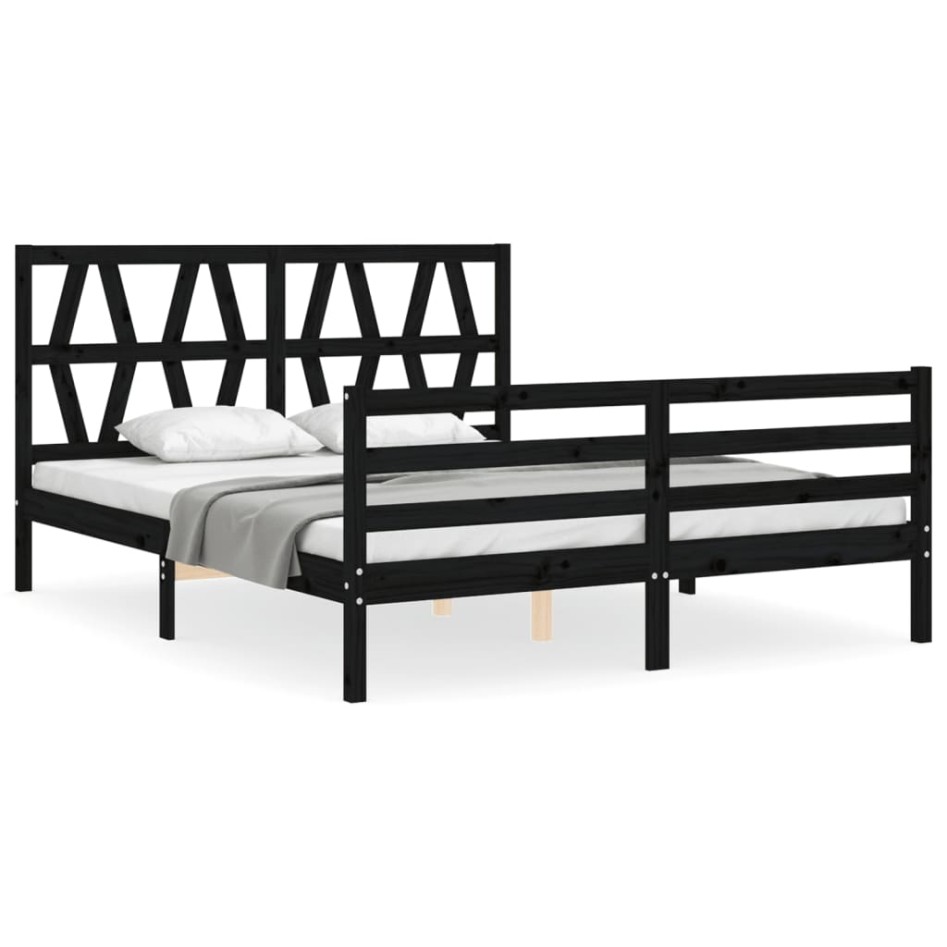 Estructura de cama con cabecero madera maciza negro 160x200