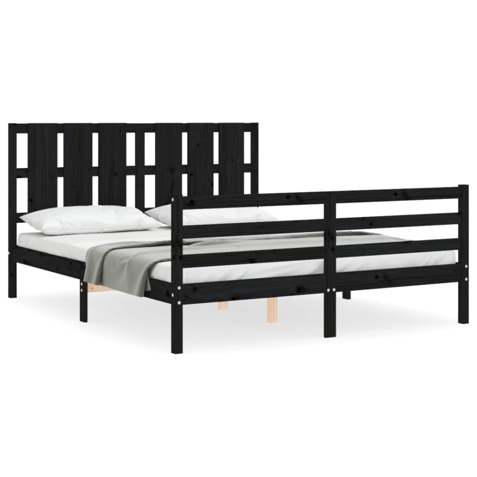 Estructura de cama con cabecero madera maciza negro 160x200