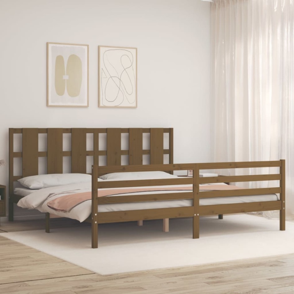 Estructura cama y cabecero madera maciza marrón miel 200x200