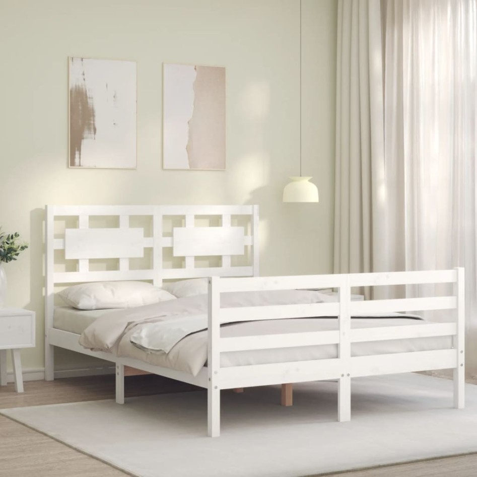 Estructura de cama con cabecero madera maciza blanco 120x200
