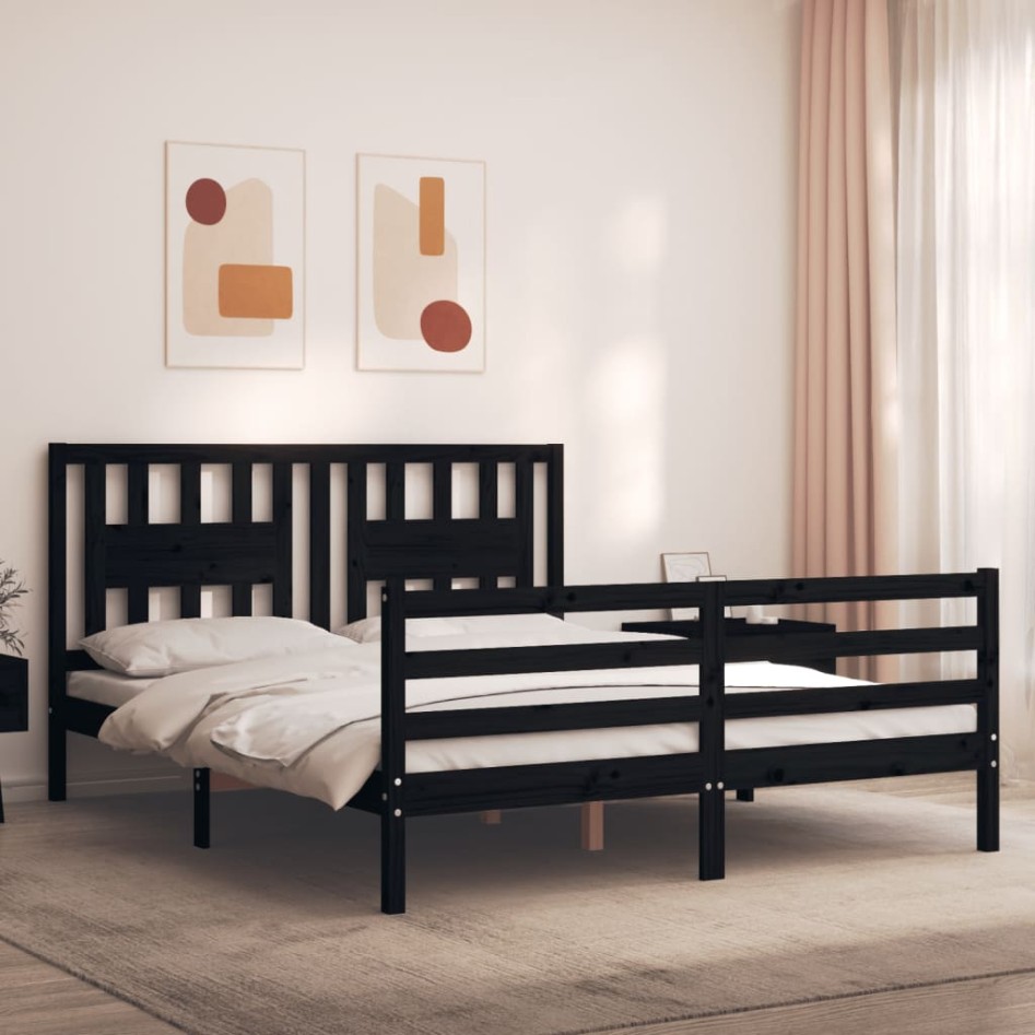 Estructura de cama con cabecero madera maciza negro 160x200