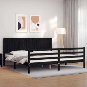 Estructura de cama con cabecero madera maciza negro 200x200