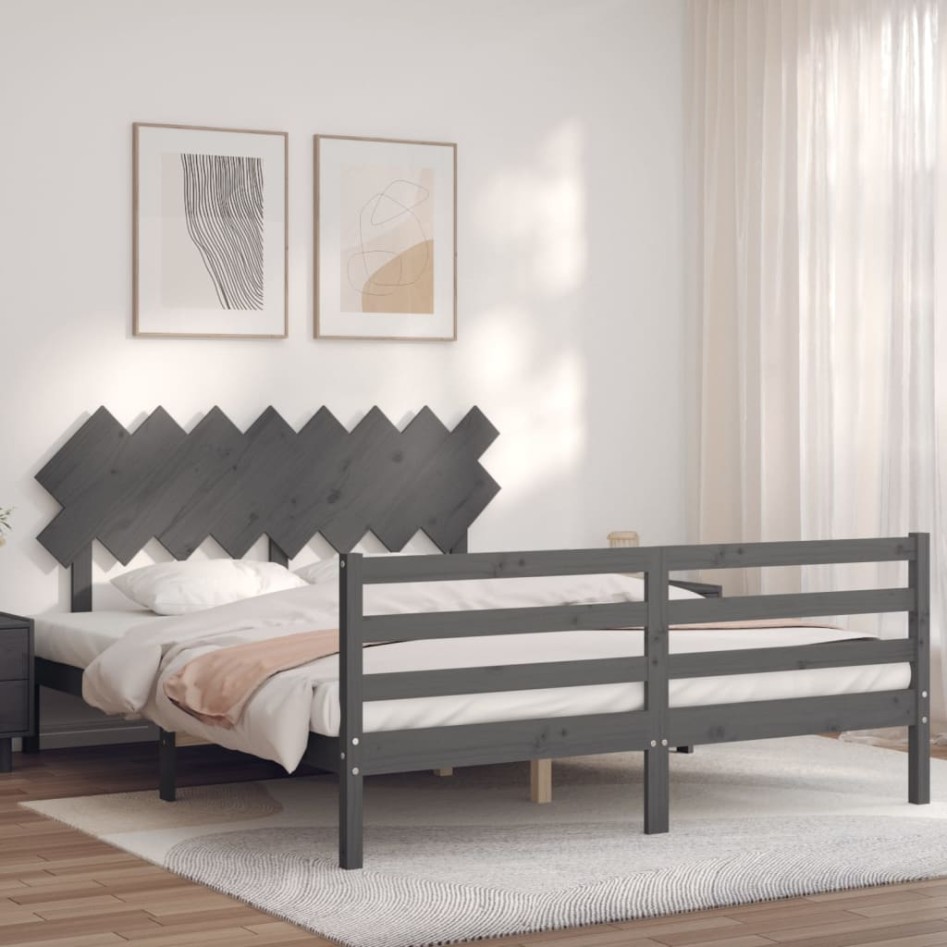 Estructura de cama con cabecero madera maciza gris 160x200