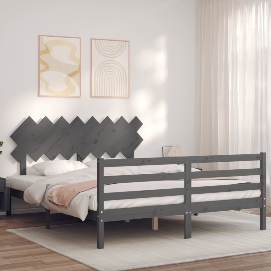 Estructura de cama con cabecero madera maciza gris 160x200