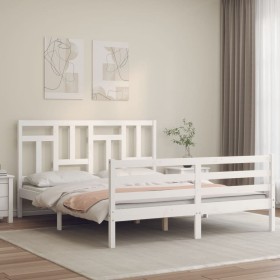 Estructura de cama con cabecero madera maciza blanco 160x200