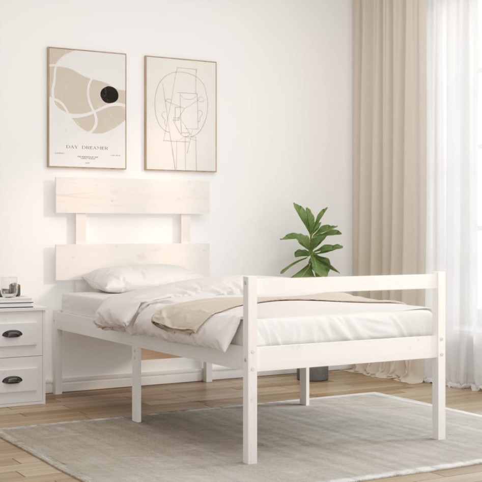 Cama personas mayores cabecero madera maciza blanco 90x200