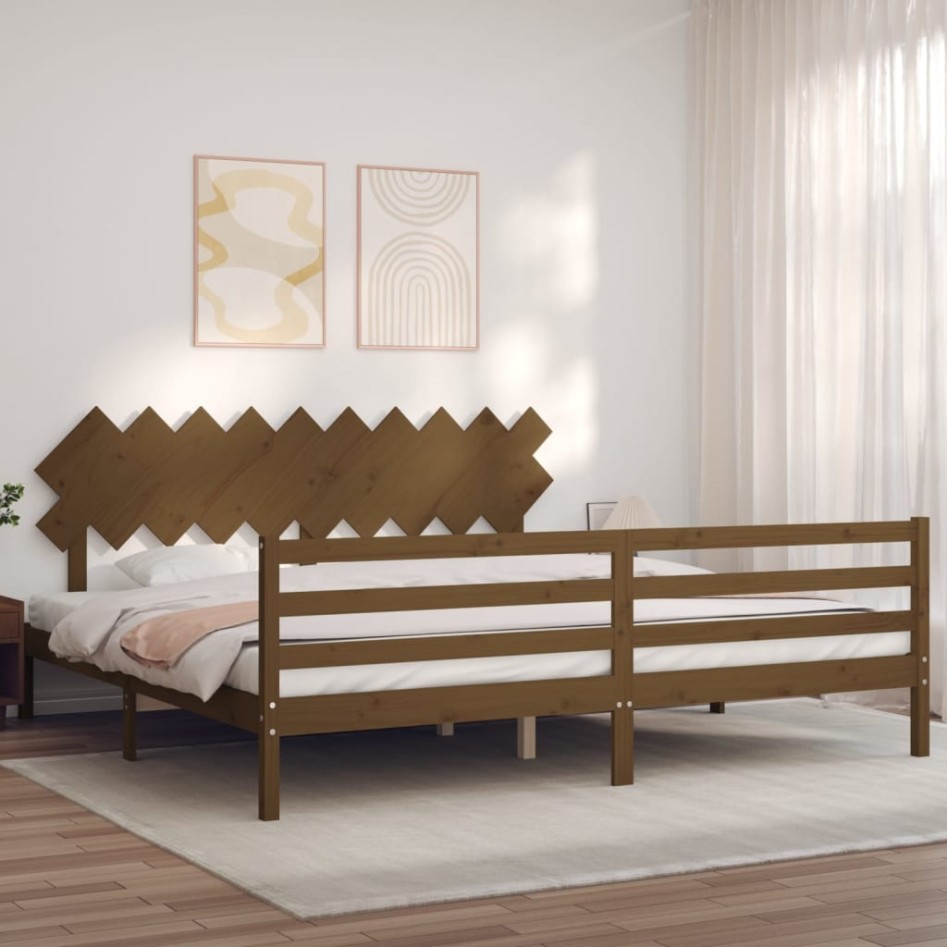 Estructura cama y cabecero madera maciza marrón miel 200x200