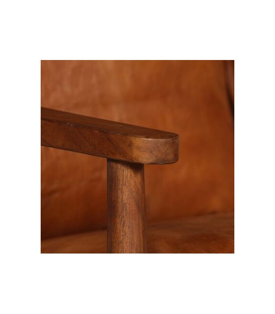 Sofá de 2 plazas de cuero con madera de acacia marrón, modelo Abis