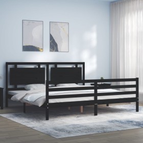 Estructura de cama con cabecero madera maciza negro 200x200