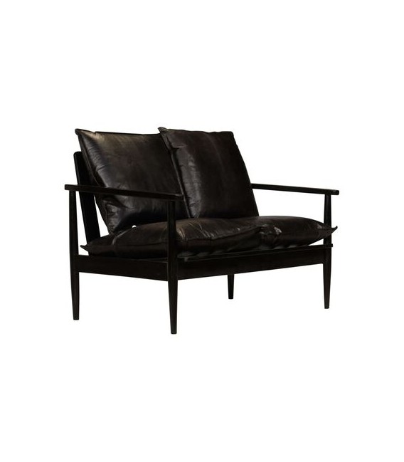 Sofá de 2 plazas de cuero con madera de acacia negra, modelo Abis Negro