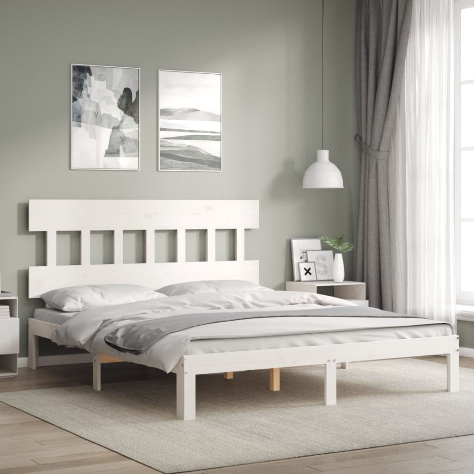 Estructura de cama con cabecero madera maciza blanco 160x200