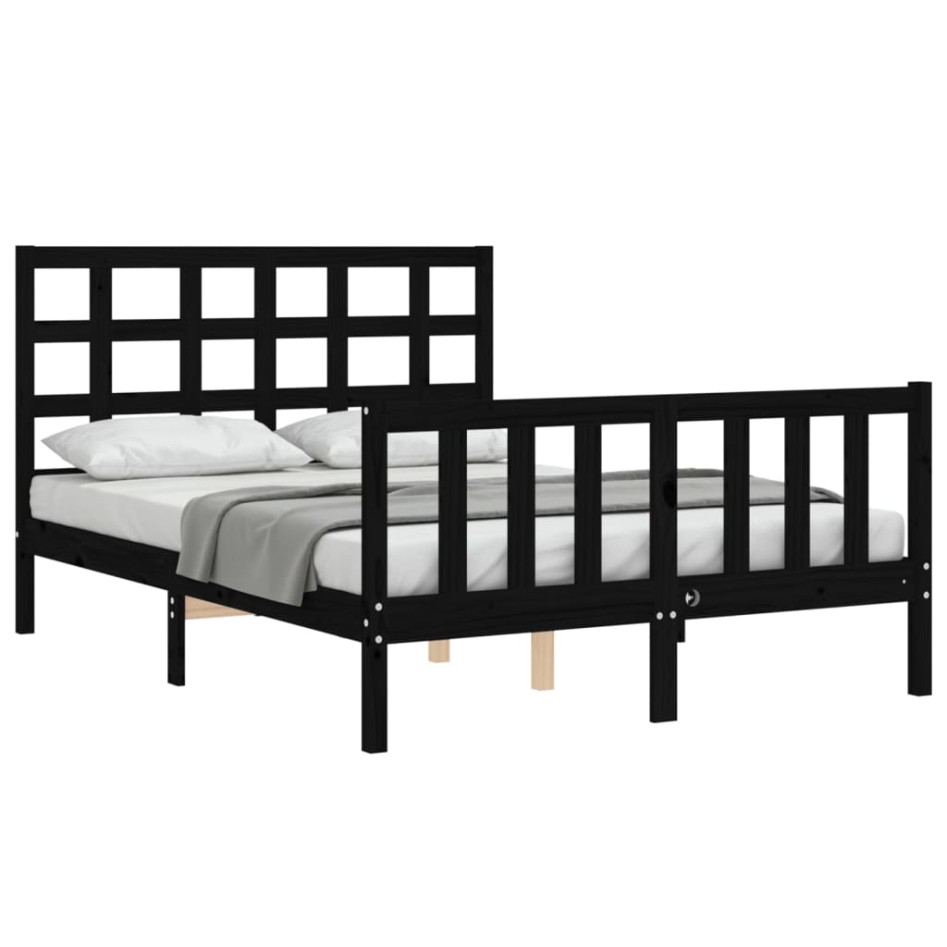 Estructura de cama con cabecero madera maciza negro 140x200