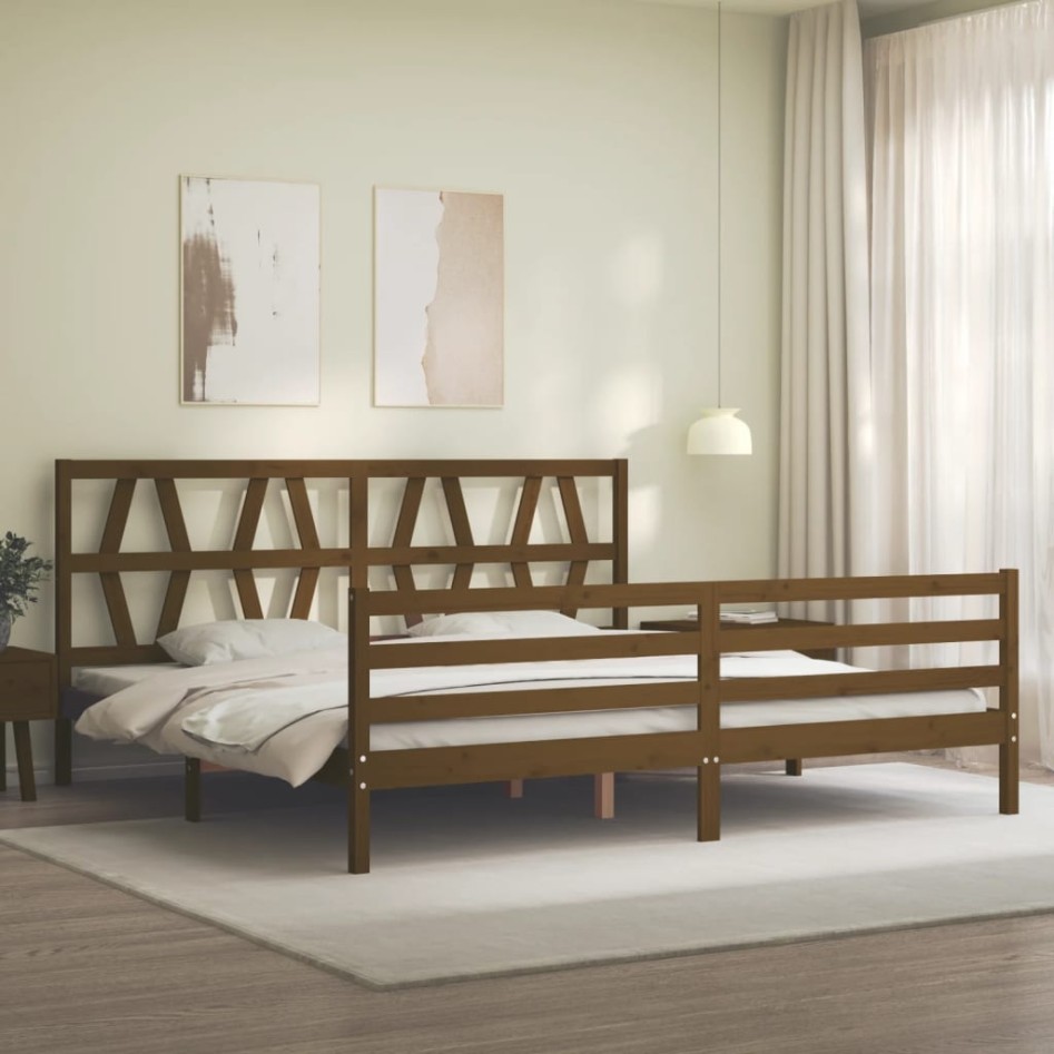 Estructura cama y cabecero madera maciza marrón miel 200x200