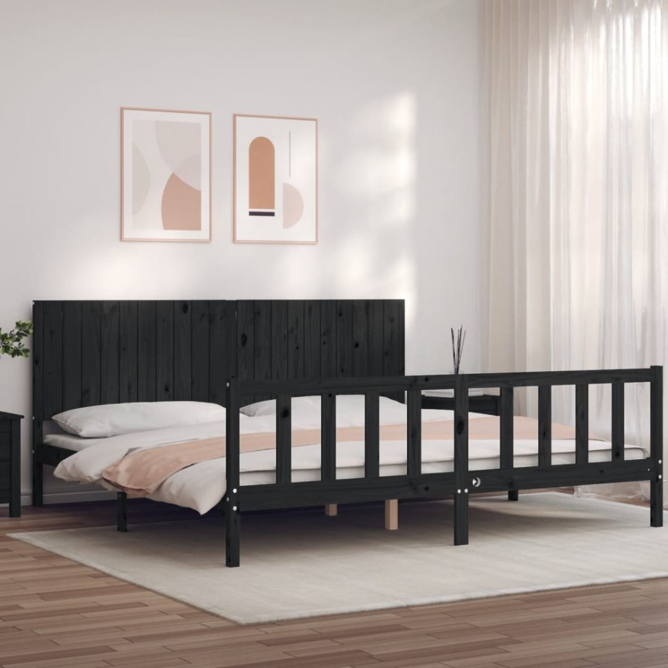 Estructura de cama con cabecero madera maciza negro 200x200