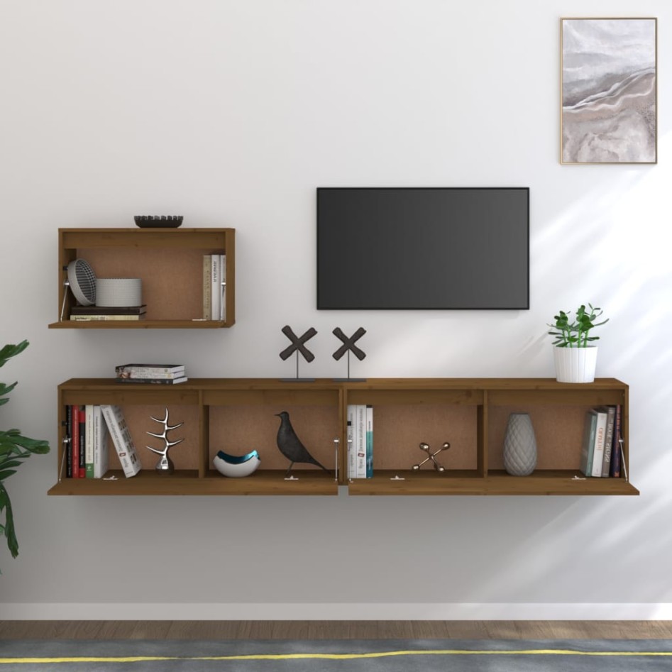 Muebles para TV 3 piezas madera maciza de pino marrón