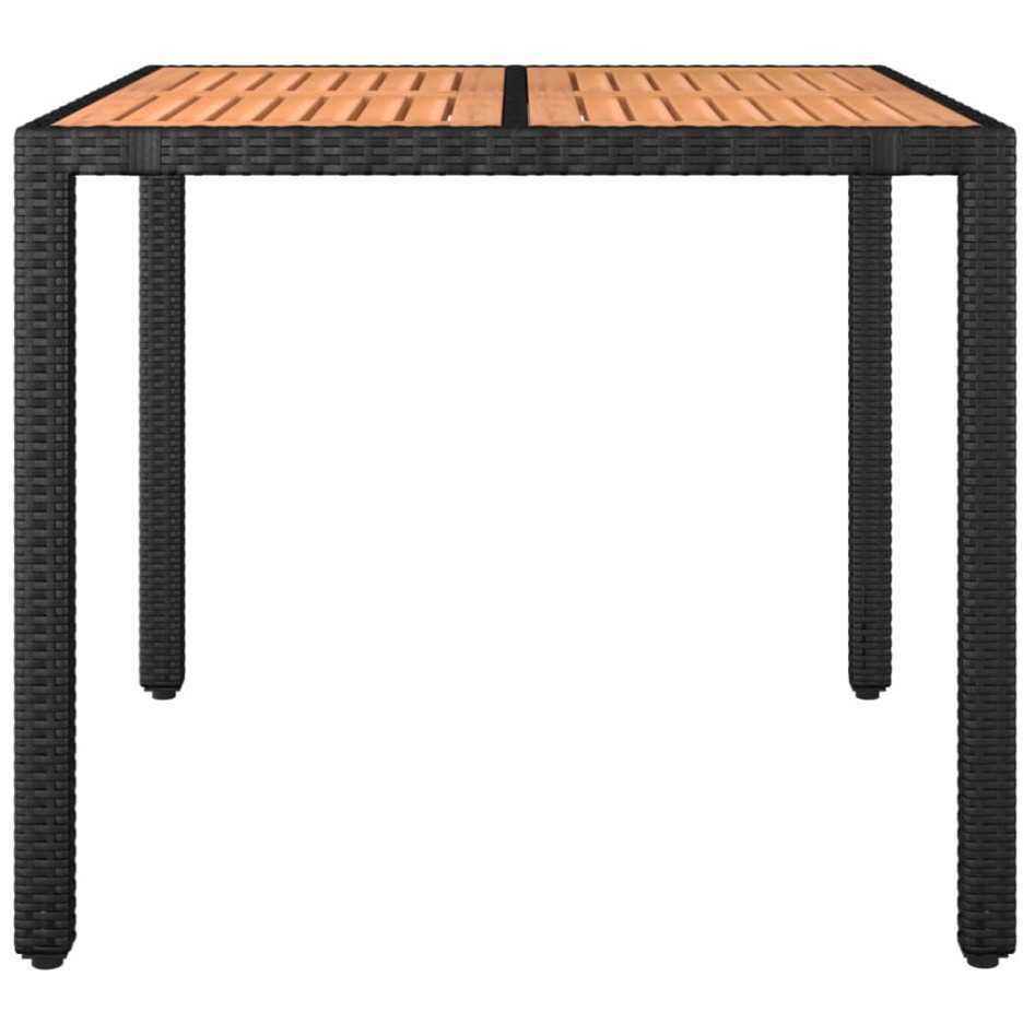 Mesa de jardín ratán PE negro y superficie madera maciza