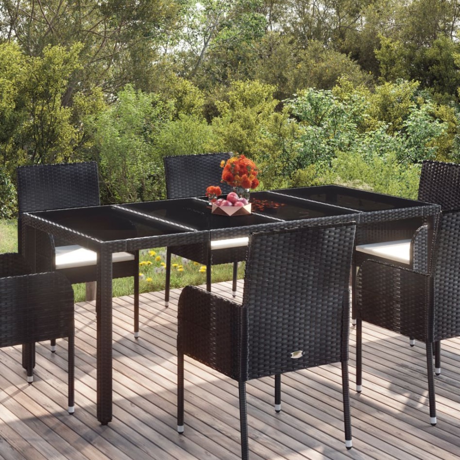 Mesa de jardín superficie de vidrio ratán PE negro 190x90x75