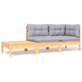 Juego muebles jardín 3 pzas con cojines gris madera pino